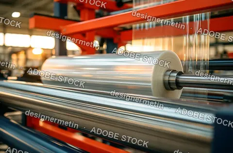 Industrial Transparent Plastic Wrap Roll Spinning On A High Speed Production Line Inside A Manufacturing Warehouse With Orange Machinery Frames.