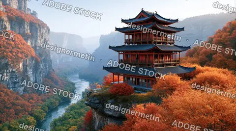 Ancient Red Pagoda Perched On A Rocky Cliff Overlooking A Misty River Valley Surrounded By Vibrant Orange Autumn Foliage Under A Clear Sky