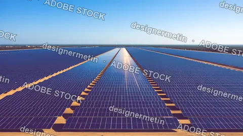 Massive Solar Panel Array Generating Clean Renewable Energy In A Vast Desert Landscape Under A Clear Bright Blue Sky With Sun Reflections