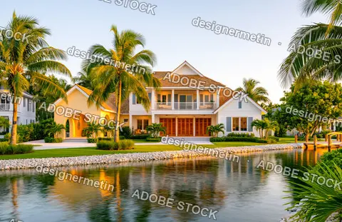 Luxurious Tropical Waterfront Villa With White Facade And Palm Trees Reflecting In A Calm Canal During A Warm Golden Sunset.