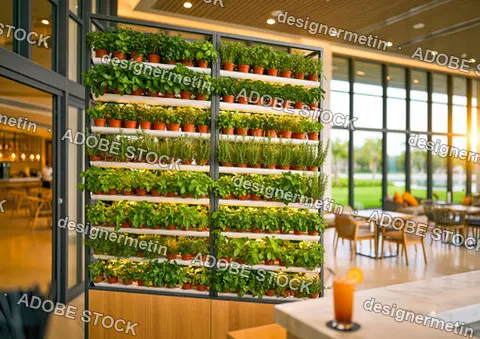 Lush Vertical Hydroponic Herb Garden Wall Growing Fresh Aromatic Plants Inside A Modern Sunlit Luxury Restaurant With Floor To Ceiling Windows