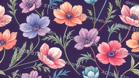 Botanical Anemone Floral Seamless Pattern With Vibrant Colors On Dark Background