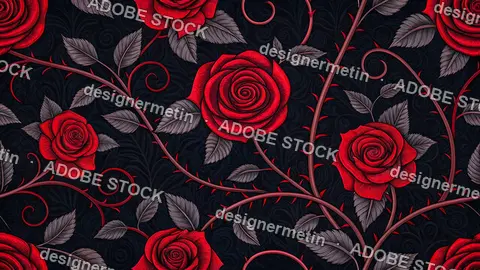 Seamless Pattern Of Red Roses And Thorny Vines On A Dark Gothic Background