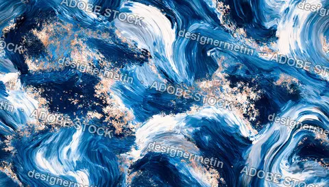 Blue White And Gold Flowing Abstract Painted Seamless Pattern