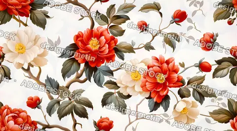 Vintage Red Cream Chintz Floral Seamless Pattern With Branches Buds And Gray Leaves