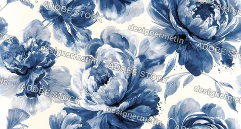 Indigo Blue Watercolor Floral Seamless Pattern With Soft Peony Blooms On Ivory Ground
