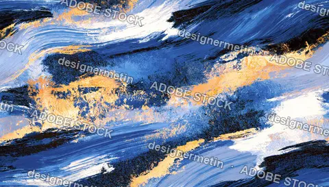 Blue, Black And Gold Abstract Brush Stroke Texture Seamless Pattern With Metallic Painterly Waves