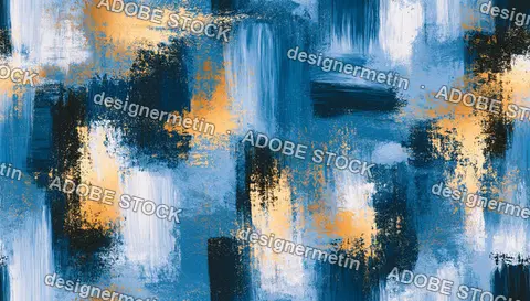 Blue, Black And Gold Abstract Painted Texture Seamless Pattern With Distressed Metallic Blocks