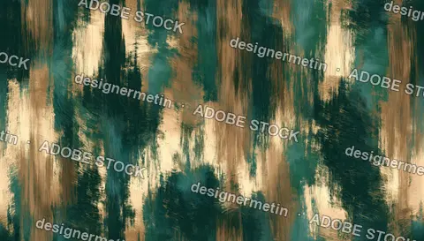 Emerald And Gold Abstract Brush Texture Seamless Pattern With Vertical Metallic Paint Streaks