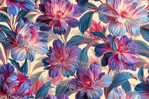 Vibrant Pink And Blue Floral Seamless Pattern With Layered Leaves On Cream Background
