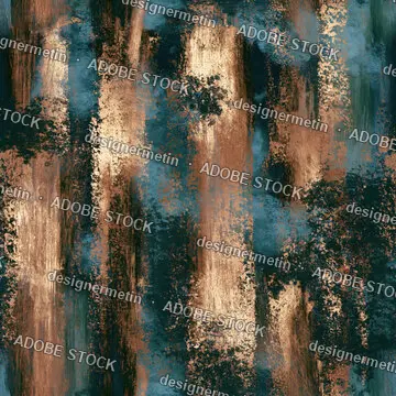 Deep Teal And Gold Abstract Brush Stroke Texture Seamless Pattern With Weathered Vertical Stripes