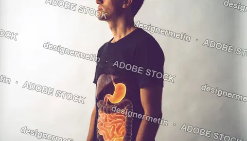 Young Man Standing With A Glowing Anatomical Digestive System Overlay On His Body