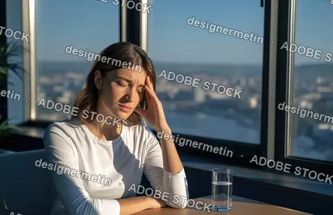 Anxious Woman Sitting Alone By Window, Work Stress And Emotional Burnout