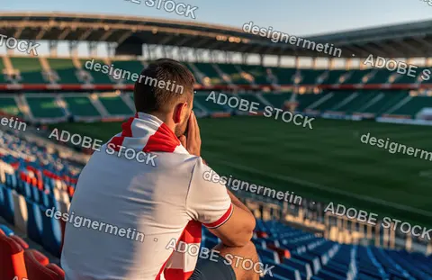 Lonely Soccer Fan Sitting In Empty Stadium, Waiting For Match To Begin