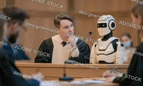 Robot Testifying In Courtroom, Future Technology And Justice Ethics Concept