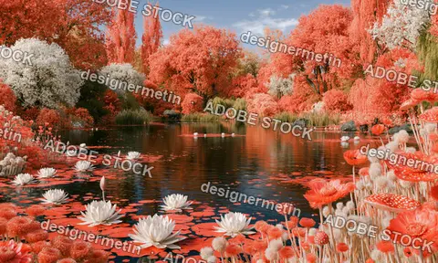 Surreal Flower Lake Landscape With Orange Trees And Dreamlike Reflections