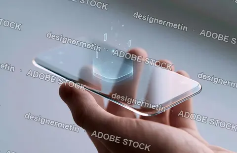 Close Up Hand Holding Transparent Smartphone With Minimal Digital Display