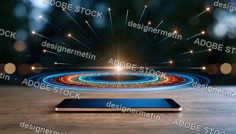 Futuristic Smartphone Displaying Glowing Data Rings And Network Lights