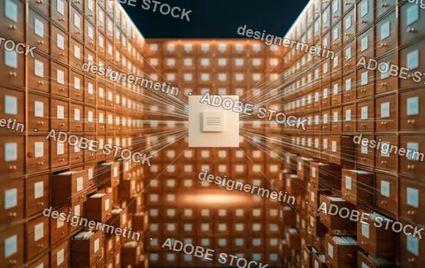 Futuristic Archive Cabinet With Glowing Data Chip In Vast Digital Library