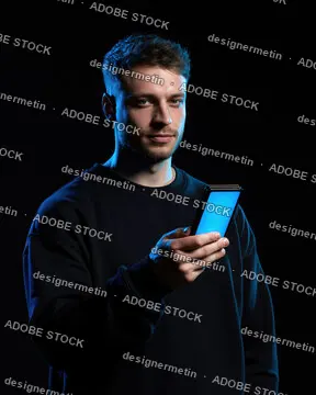 Modern Tech Entrepreneur Using Smartphone In Dark Studio Lighting And Blue Glow
