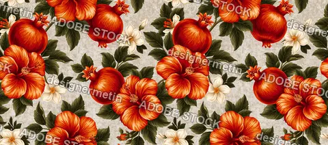 Pomegranate Hibiscus Seamless Pattern With Orange Flowers On Ivory Background