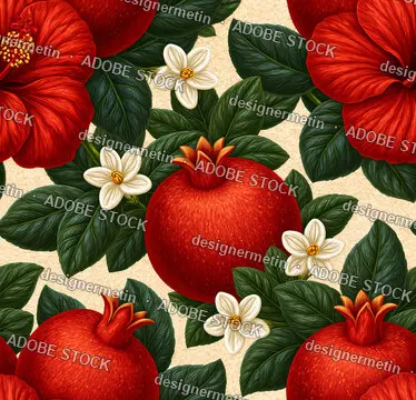 Seamless Pomegranate And Red Hibiscus Botanical Pattern On Cream Background Design