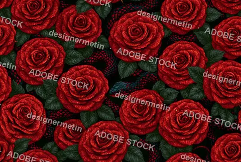 Dark Red Rose Seamless Pattern With Dense Green Leaves And Black Background