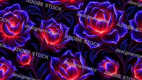 Dark Gothic Floral Seamless Pattern With Glowing Purple Blue Blossoms Background