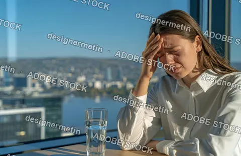 Worried Young Woman Sitting By Office Window, Stress And Mental Health Concept