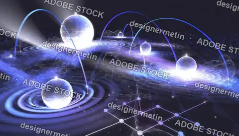 Luminous Spheres Emitting Energy Ripples And Connected By Blue Arcs In A Futuristic Digital Network Landscape Representing Quantum Computing And Data Flow