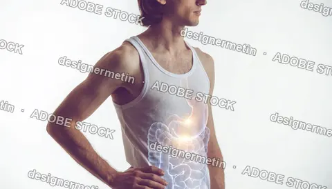 Young Man In White Tank Top Against White Background With A Glowing Holographic Representation Of The Human Digestive Tract And Internal Organs.