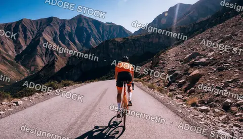 Professional Cyclist In An Orange Jersey Riding A Road Bike Up A Steep Mountain Road With Dramatic Rocky Peaks Under A Clear Blue Sky.