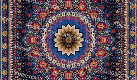 Traditional Persian Rug Pattern With Intricate Floral Medallion On Blue Background