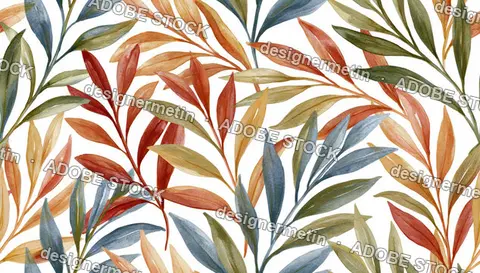 Watercolor Botanical Leaf Seamless Pattern With Autumn Branches On White