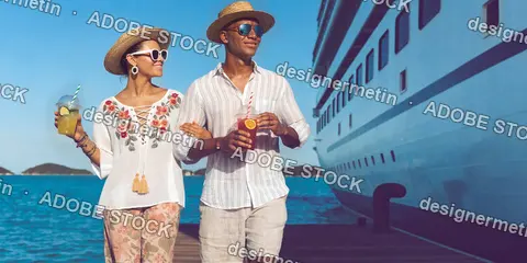 Happy Couple Walking On A Sunny Pier With Cocktails Next To A Luxury Cruise Ship