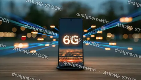 Smartphone Displaying 6g Network Logo With Fast Data Transmission Streaks On Wooden Table.