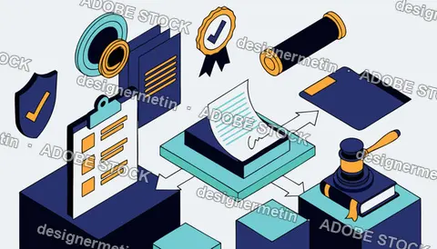 Isometric Legal And Compliance Icons On A Geometric Background Vector Illustration