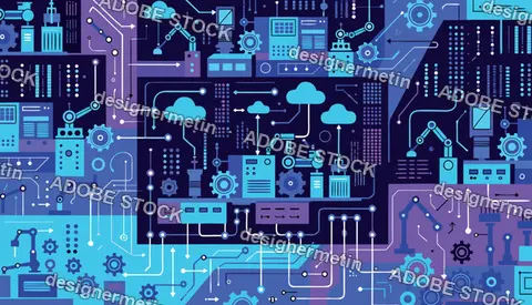 Industrial Automation System Processing Data In A Cloud Environment Vector Illustration