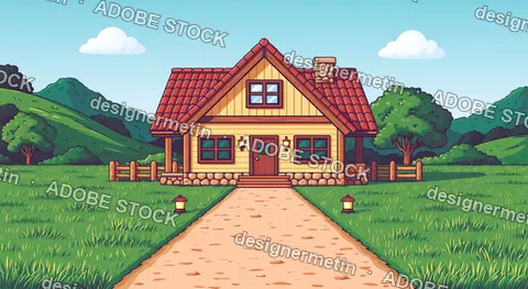 Cozy Country House Illustration With Red Roof And Pathway In Green Hills