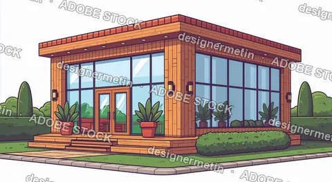 Modern Glass House Illustration With Wooden Facade And Landscaped Garden
