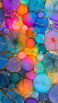 Multicolor Geode Alcohol Ink Abstract Texture With Round Cells And Gold Lines