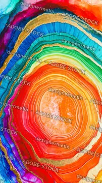 Circular Rainbow Geode Alcohol Ink Abstract With Concentric Mineral Layers
