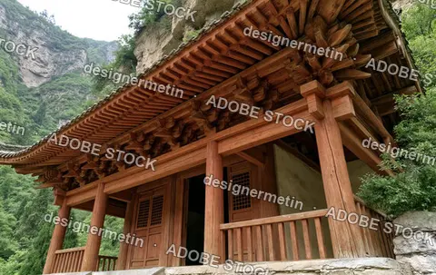 Rustic Wooden Temple Entrance With Carved Roof Details In Rocky Green Valley