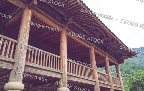 Close View Of Traditional Wooden Temple Balcony And Roof In Mountain Setting
