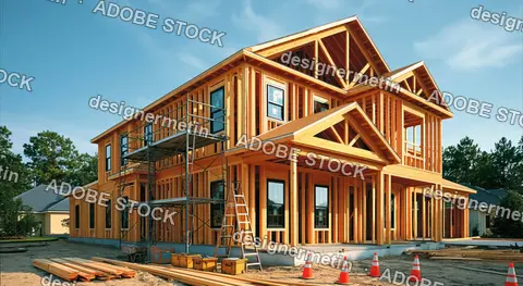 Wood Frame Residential House Under Construction With Scaffolding And Blue Sky