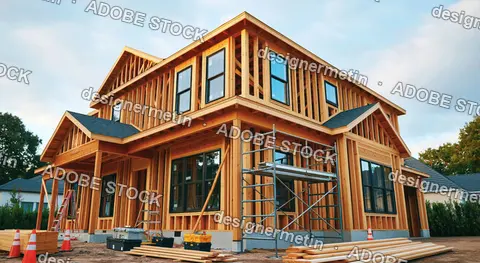 Residential Wood Frame House Under Construction With Windows And Scaffolding
