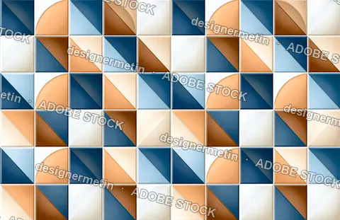 Blue Gold Geometric Seamless Pattern With Curved Squares And Shadowed Grid