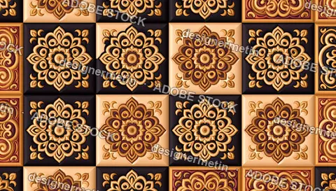 Golden Brown Persian Tile Pattern With Repeating Floral Mosaic Squares
