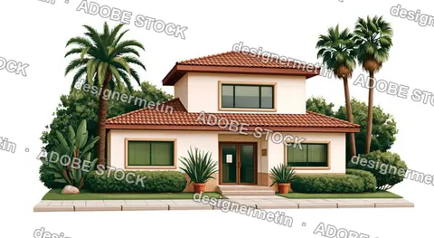 Spanish Style House Illustration With Palm Trees, Isolated On Transparent Background, Png