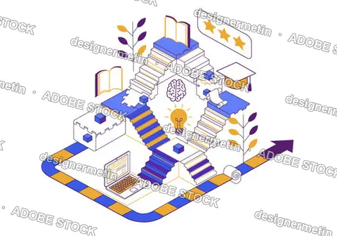 Isometric Flat Illustration Of Education Growth With Stairs And Brain Icons